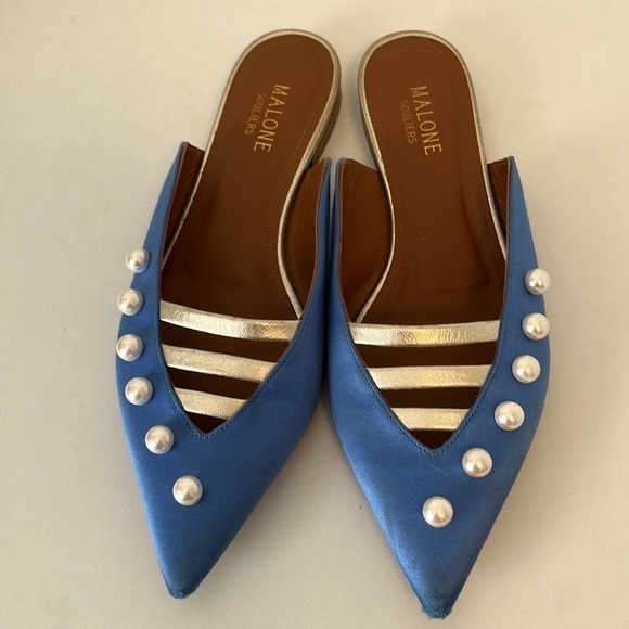 Malone Souliers Zelda Faux-Pearl Embellished Satin Loafers Size 37 - Picture 1 of 11